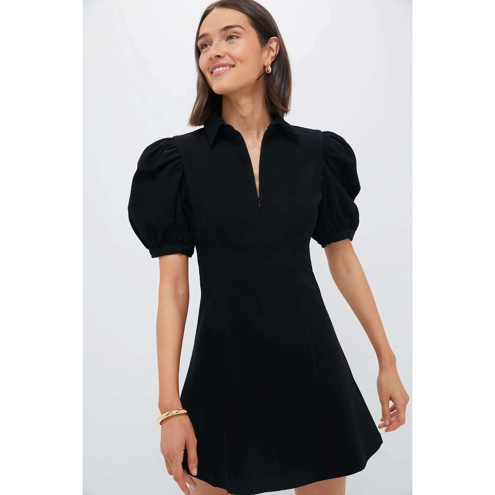 NWT Tuckernuck Hyacinth House Black Front Zip Denim Mini Dress XS Puff Sleeve